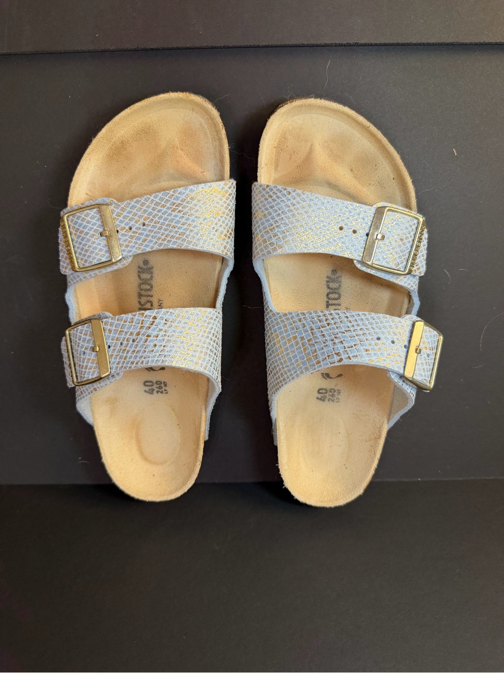 Birkenstock Double-Buckle Sandals in Light Blue with Gold Buckles